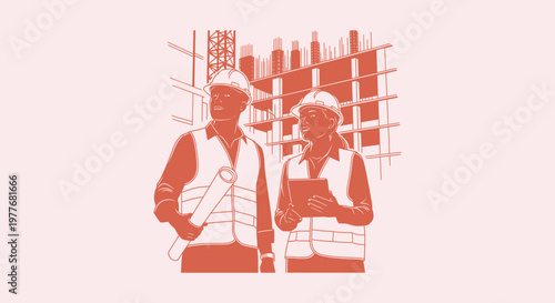 Construction Engineers Man and Woman Working Together with Blueprints and Tablet at Building Site