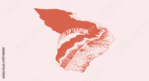 Minimalist Orange Coastal Cliff Illustration with Ocean Waves Texture and Geometric Nature Theme