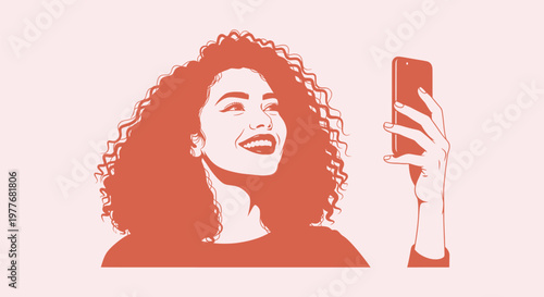 Vector Illustration of a Happy Smiling Woman with Curly Hair Taking a Selfie with her Smartphone