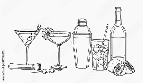 A stylish sketch depicts a martini cocktail shaker and various bar accessories