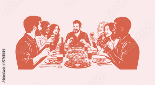 Cheerful People Sharing a Meal and Drinks at a Social Gathering Dinner Table Graphic Illustration