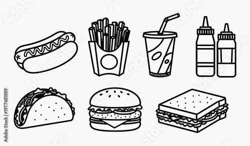 Line art illustration of various fast food items including burgers tacos and sandwiches