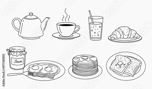 A charming line drawing depicts a delightful assortment of breakfast and tea items