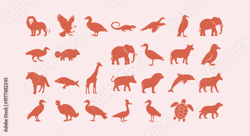 Wildlife animal silhouette icon collection featuring lion elephant giraffe dolphin and sea turtle.