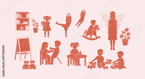 Collection of Kids Playing in Daycare with Toys and Furniture Monochrome Vector Silhouette Graphic.