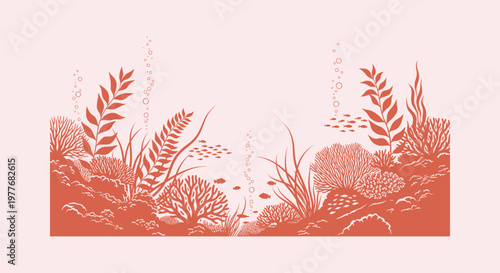 Detailed terracotta vector illustration of an underwater coral reef with seaweed, fish and bubbles.