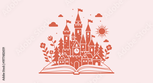 Whimsical storytelling concept with a fairytale castle rising from an open book on pink background.