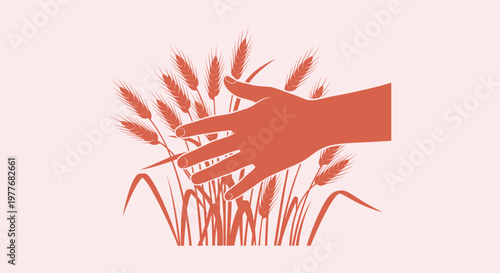 Stylized silhouette of a human hand touching a bunch of ripe wheat ears in a field illustration.