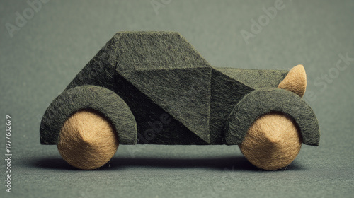 A whimsical car sculpture crafted from textured materials, featuring a unique geometric design with soft, rounded wheels.