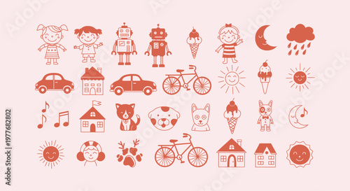 Collection of Childish Hand Drawn Doodle Elements with Kids Robots Vehicles Houses and Weather Icons
