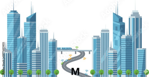 Colorful vector illustration of smart cityscape symbolizing mobility, technology, and urban life