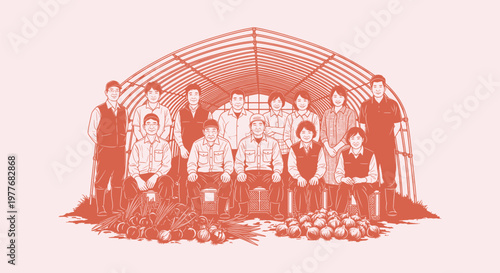 Group of Japanese Farmers Standing in Front of Greenhouse with Harvest Illustration Vector Graphic