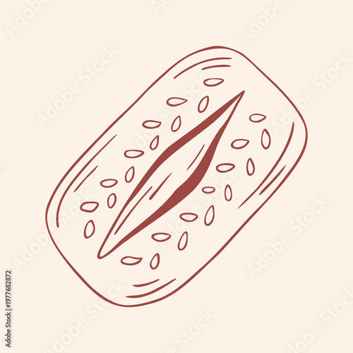 Fresh bread loaf with seeds, brown outline doodle flat retro style. Minimalist hand drawn vector illustration for bakery menu, cooking blog, food design, recipe card, isolated on beige background