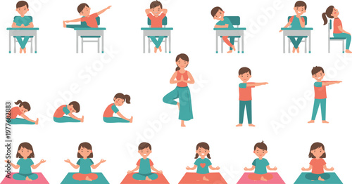 Vector illustration of children and adult practicing yoga, stretching, and meditation poses for mindfulness and relaxation
