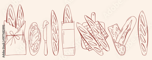 French baguette bread set, brown outline doodle flat retro style. Whole baguettes, sliced bread, sandwich and knife, minimalist hand drawn vector illustration for bakery branding, menu design on beige