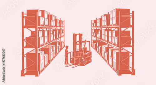 Industrial Warehouse Illustration with Forklift Worker and Storage Racks for Logistics Services