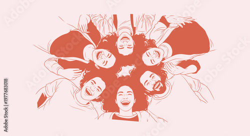 Diverse group of happy friends lying in a circle laughing together illustration graphic art vector