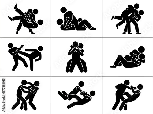 Stick figure silhouette set showing martial arts judo wrestling grappling and fighting vector graphic illustration