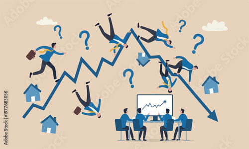 Housing or teams decline, home loan or mortgage risk concept, businessman investor home owner falling on decline falling down housing graph