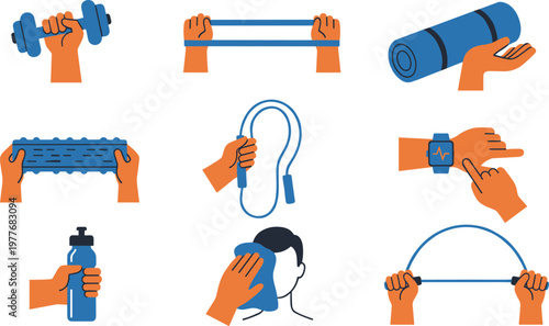 Vector illustration of fitness and exercise items including dumbbell, resistance band, yoga mat, jump rope, and smartwatch