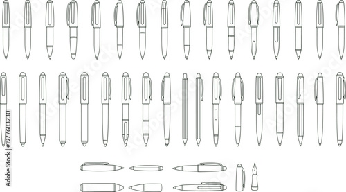 Vector illustration of line drawings showing different pen designs and disassembled components in technical style