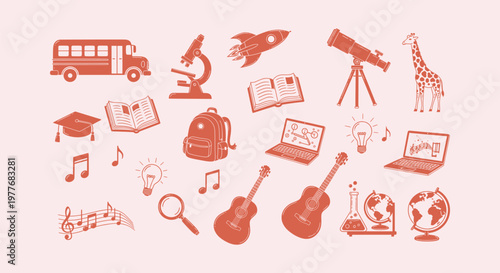 Education and school icons set with telescope microscope books bus guitar and light bulb doodles.