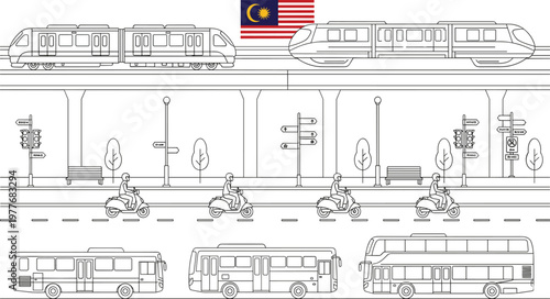 Vector illustration of Malaysian urban transportation with trains, buses, motorcycles, traffic lights, and city infrastructure