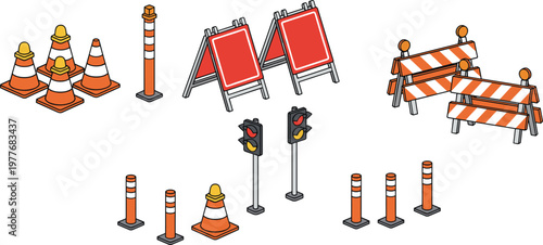 Vector illustration of traffic cones, barricades, warning signs, bollards, and traffic lights for road safety and construction