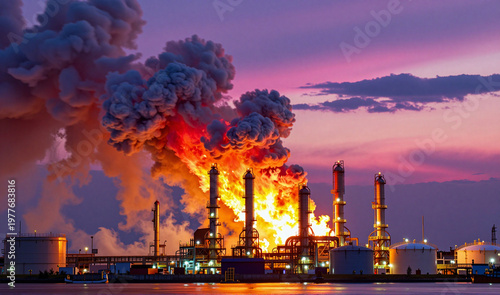 Large oil refinery engulfed in flames and smoke at dusk.