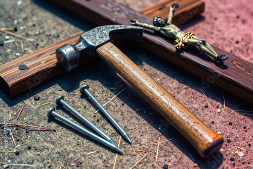 Hammer , nails and a cross on the ground.