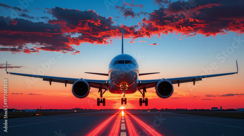 Airplane taking off from an airport runway at sunset