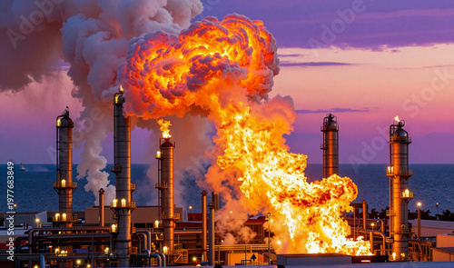 Oil refinery with flames and smoke billowing out of the chimneys