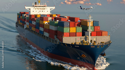 Large container ship sailing in the ocean.