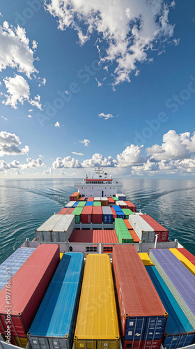 Large container ship sailing on a calm sea under a blue sky.