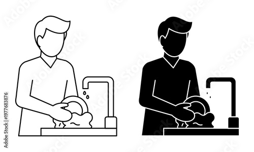 Daily Act icon outline and glyph of man washing dishes