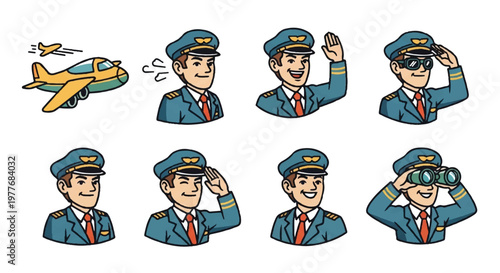 Pilot character poses and airplane vector illustration set