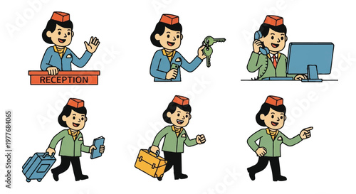 Hotel staff in various service actions illustration set
