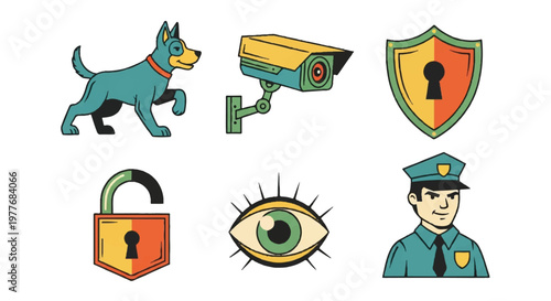 Security vector illustration set dog cctv camera shield lock eye officer