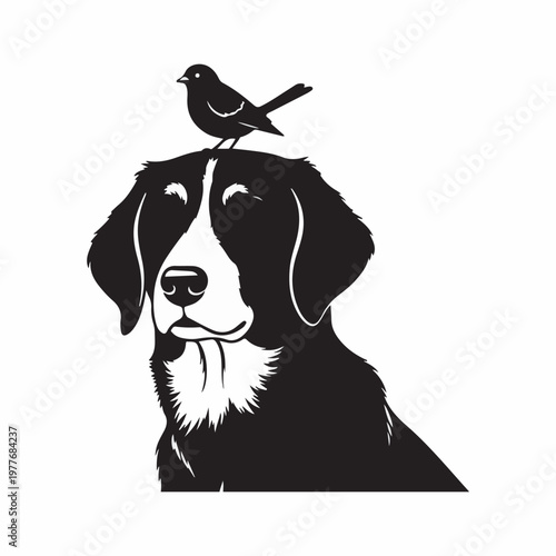 A black silhouette of a dog with its eyes closed has a small bird perched on its head against a white background.