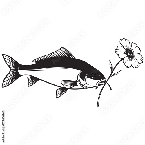 A black silhouette of a carp fish is depicted swimming and holding a fully bloomed white flower in its mouth.
