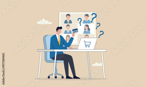 payment commerc illustration modern, flat design with clean lines and minimal shadingnpink piggy bank internet shopping concept, contemplation man looking at his credit card about to using it to buy