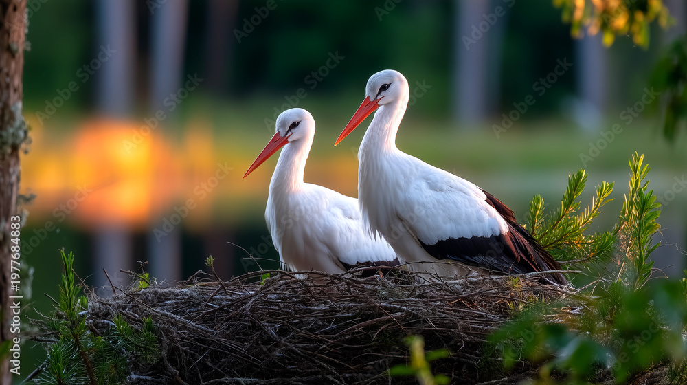 Obraz premium Two elegant storks nesting peacefully in their natural habitat at sunset, creating a serene and beautiful wildlife moment for conservation projects