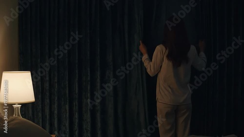 Woman opens curtains at night to see city lights from apartment window.