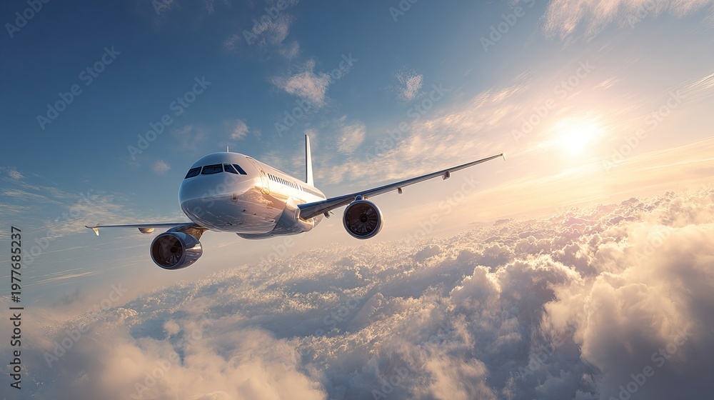 Fototapeta premium Commercial passenger airplane flying above white clouds in bright blue sky with sunburst rays during daytime travel. AI generated image