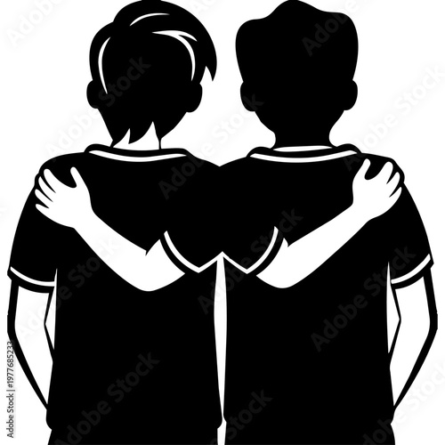 Friendship's Embrace: Two companions stand together, their arms wrapped around each other, symbolizing friendship, support, and a close bond.