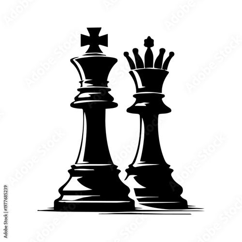 Chess King and Queen: A monochrome illustration of a regal king and queen chess pieces, the embodiment of strategy, power, and intellect. 