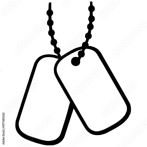 Quadro su tela Dog Tags Illustration: A stark monochrome illustration of two blank dog tags, a symbol of honor and remembrance, suspended by a beaded chain