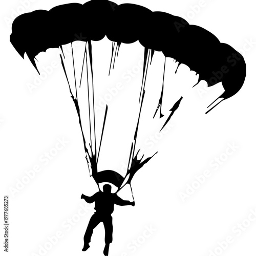Skydiving Silhouette: A daring skydiver plunges towards the earth beneath a billowing parachute, capturing the essence of adrenaline and freedom against the wide expanse of the sky.
