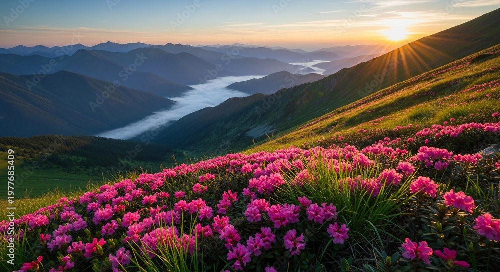 Obraz premium Beautiful mountain landscape with pink rhododendron flowers at sunrise