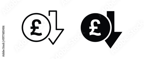 Pound reduction symbol, British pound sterling currency decrease icon representing financial loss, cost reduction, and economic decline, vector illustration isolated on a white background.